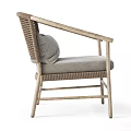Natural Style Leisure Chair With Rattan Back Wooden Armrests And Gray Cushion