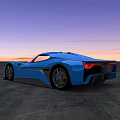 Blue Sports Car With Sleek Design On Concrete Ground Against Sunset Sky