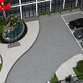 Parking Area Landscape Design With Cars Fence Lamp Posts Trees Shrubs And Paved Path