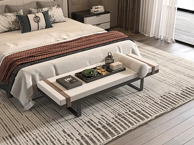 Modern Bedroom Interior With Bed Pillows Nightstand Bench Area Rug And Curtains 3d model