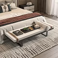 Modern Bedroom Interior With Bed Pillows Nightstand Bench Area Rug And Curtains