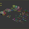 Cartoon Scene Various Model Parts Including Ship Building And Decorative Components