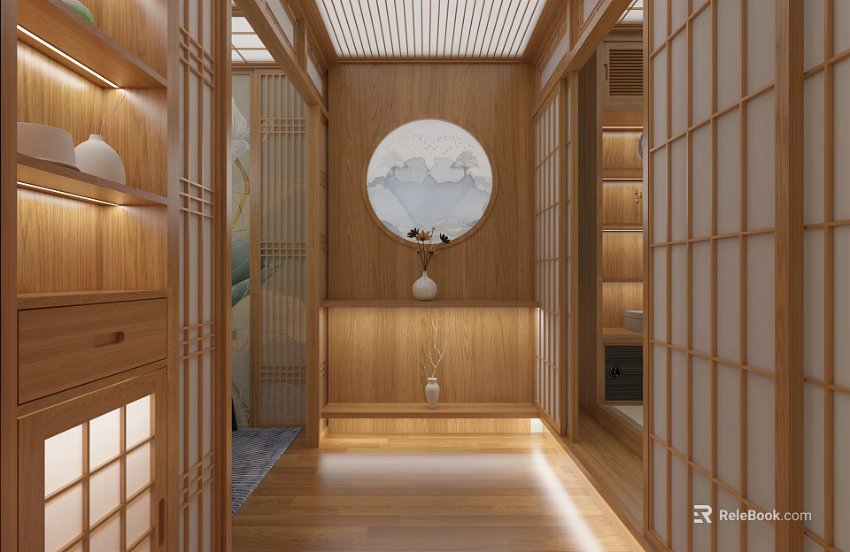 Chinese Style Entryway Hallway With Wooden Screens Circular Decorative Painting And Warm Lighting Strips 3d model 
