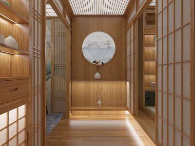 Chinese Style Entryway Hallway With Wooden Screens Circular Decorative Painting And Warm Lighting Strips 3d model