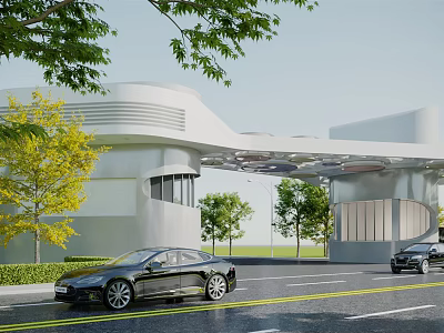 Modern Streamlined Entrance Gate With White Architecture Green Trees And Black Cars 3d model