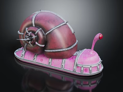 Bionic Snail 3D Model With Crimson Shell Silver Metal Strips Pink Base And Red Antenna 3d model