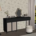 Modern Black Dressing Table Interior With Rattan Door Drawers Mirror White Stool And Floral Wallpaper