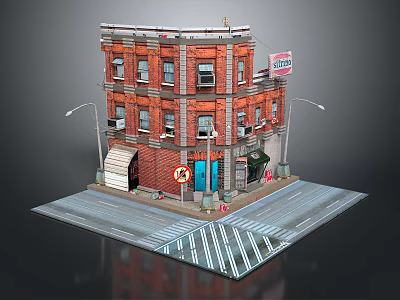 Detailed Red Brick Building Scene Featuring Street Corner Shop Sign Street Lamps Sidewalk Zebra Crossing 3d model