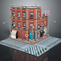 Detailed Red Brick Building Scene Featuring Street Corner Shop Sign Street Lamps Sidewalk Zebra Crossing