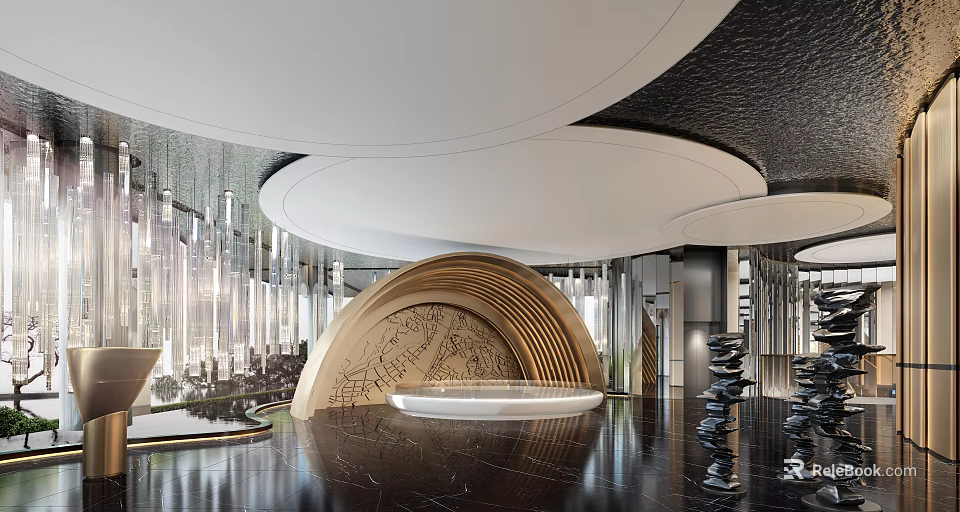 Modern Luxury Front Desk Featuring Golden Curved Reception Desk Black Marble Floor And Crystal Chandeliers 3d model 