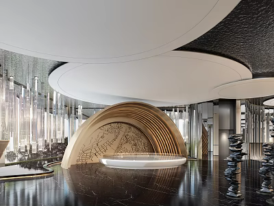 Modern Luxury Front Desk Featuring Golden Curved Reception Desk Black Marble Floor And Crystal Chandeliers 3d model