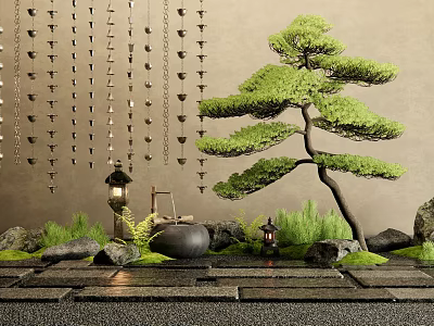 Stepping Stones Garden Path Design With Green Plants Moss Stone Lanterns And Rock Decorations 3d model