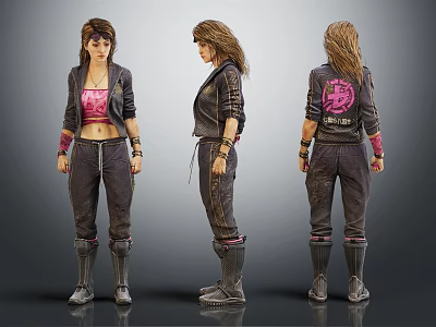 Female Character 3D Design With Front Side Back Views Black Jacket Pink Top And Boots 3d model