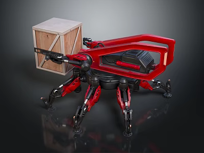 Red Mechanical Spider Robot Carrying Wooden Crate With Mechanical Legs 3d model