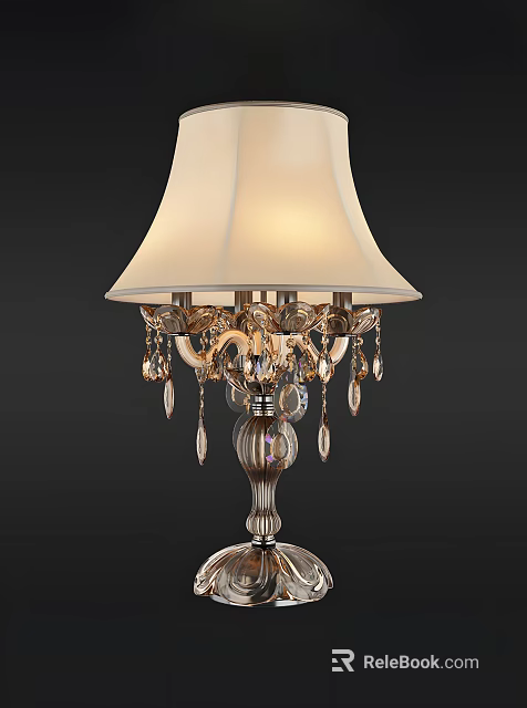 Elegant Table Lamp With White Lampshade Metal Base And Hanging Crystals 3d model 
