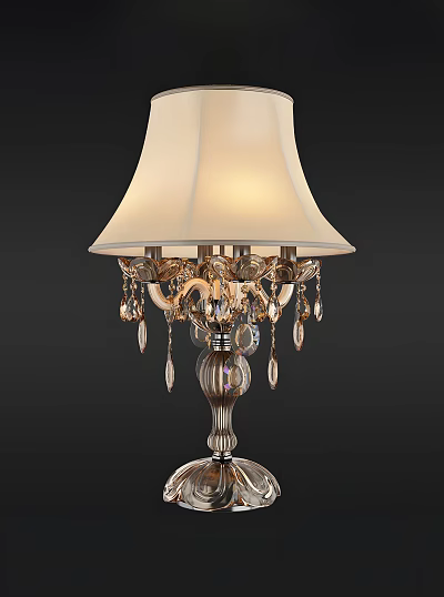 Elegant Table Lamp With White Lampshade Metal Base And Hanging Crystals 3d model