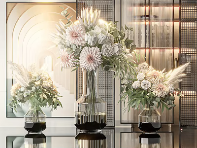 Elegant Glass Vases With Pink White Flowers And Feathery Plumes For Modern Interior Decor 3d model