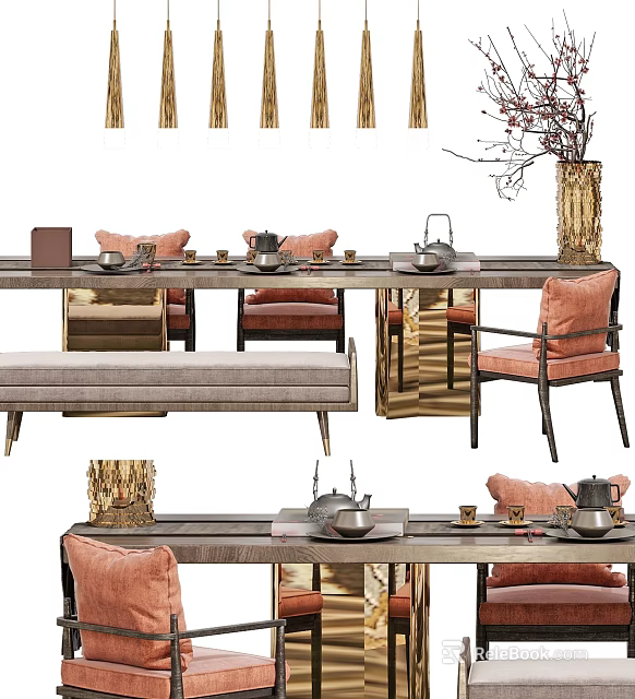 Elegant Modern Tea Table Interior Design With Ceramic Tea Set And Comfortable Chairs 3d model 