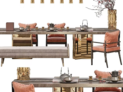 Elegant Modern Tea Table Interior Design With Ceramic Tea Set And Comfortable Chairs 3d model