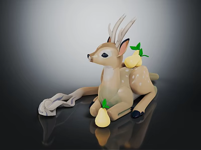 Light Brown Lying Deer Sculpture With Antlers Pears Green Leaves And Cloth 3d model