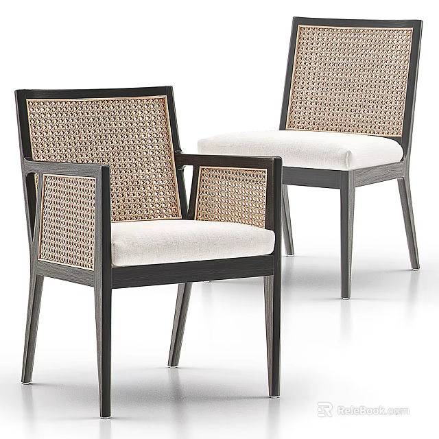 Stylish Rattan Leisure Chairs With Wooden Frame White Cushion And Modern Design Pair 3d model 