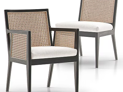 Stylish Rattan Leisure Chairs With Wooden Frame White Cushion And Modern Design Pair 3d model