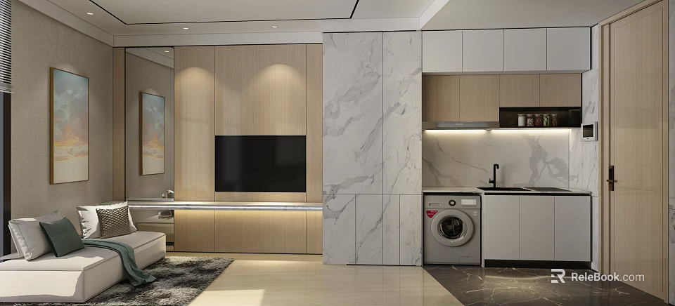 Modern Apartment Interior Design With Living Room TV Wall Marble Wall And Wooden Cabinets 3d model 