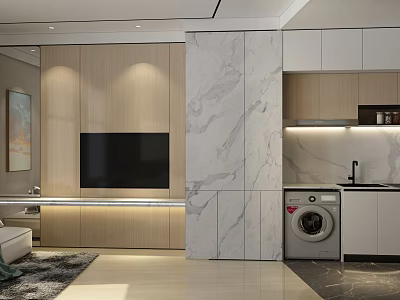 Modern Apartment Interior Design With Living Room TV Wall Marble Wall And Wooden Cabinets 3d model