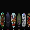 Colorful Sports Equipment Skateboards And Surfboards With Various Graphic Patterns And Designs