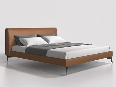 Modern Double Bed With Brown Leather Headboard White Mattress And Black Metal Legs 3d model