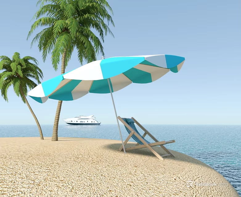 Beachfront Swinging Patio Door With Ocean View And Palm Trees 3d model 