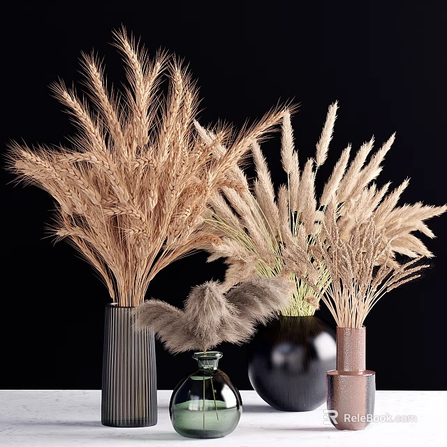 Dried Wheat and Pampas Grass Bouquets in Various Colored Vases on Dark Background 3d model 