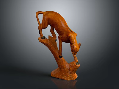 Handcrafted Leopard Wooden Sculpture Standing on a Branch with Realistic Carving Details 3d model