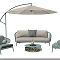 Outdoor Sofa Set With Beige Cushions Green Wicker Chairs Arched Umbrella And Fire Pit