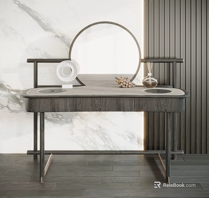 Elegant Modern Dressing Table With Marble Top Round Mirror And Side Shelves 3d model