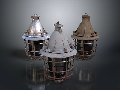 Vintage Industrial Light Fixture Set With Metal Cage Design Silver White And Brown Finish 3d model