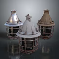 Vintage Industrial Light Fixture Set With Metal Cage Design Silver White And Brown Finish