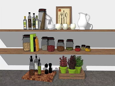 Wooden Kitchen Shelves With Organized Kitchenware Spice Jars Green Plants White Pitcher And Mugs 3d model