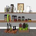 Wooden Kitchen Shelves With Organized Kitchenware Spice Jars Green Plants White Pitcher And Mugs