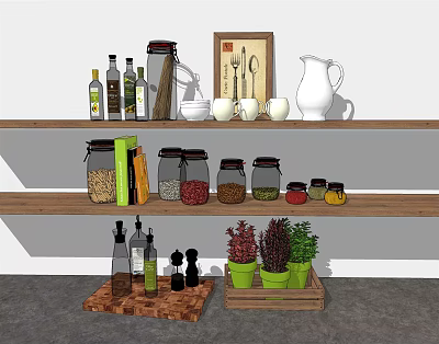 Wooden Kitchen Shelves With Organized Kitchenware Spice Jars Green Plants White Pitcher And Mugs 3d model