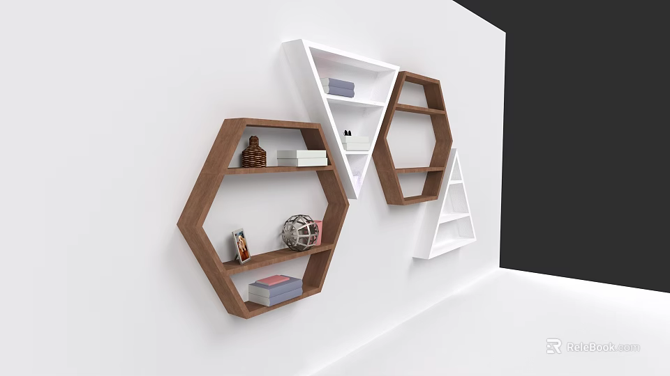 Brown And White Hexagonal Wall Bookcases With Decorative Items And Books 3d model