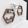Brown And White Hexagonal Wall Bookcases With Decorative Items And Books 3d model