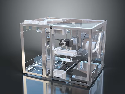 Industrial Machine With Transparent Glass Enclosure And Internal Mechanical Components System 3d model