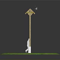 Wooden Birdhouse On Pole With White Base In Green Grass Human Figure And Flying Bird