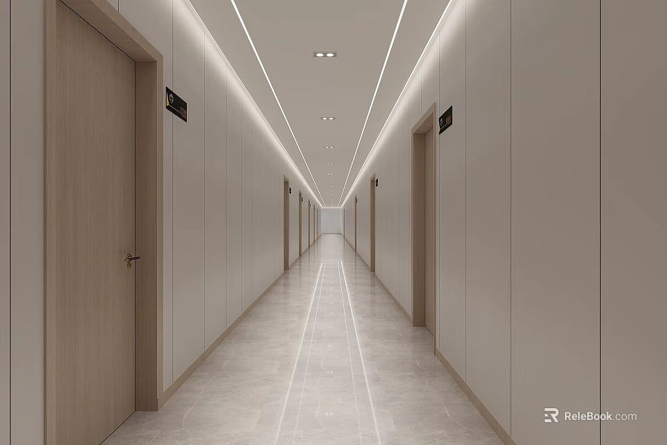 Contemporary Elevator Hallway Design With Smooth Flooring Ceiling Lights And Wooden Doors 3d model 