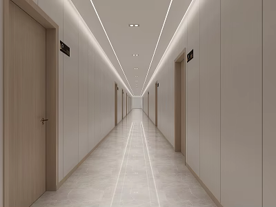 Contemporary Elevator Hallway Design With Smooth Flooring Ceiling Lights And Wooden Doors 3d model