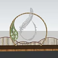 Garden Landscape With Wooden Platform Railing Circular Feather Sculpture Blue Sky Green Field And Trees