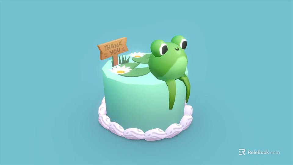 Green Frog Cake With Thank You Sign Water Lilies And White Decorative Border 3d model 