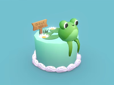 Green Frog Cake With Thank You Sign Water Lilies And White Decorative Border 3d model