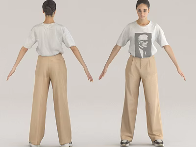 Two Women Wearing White T-Shirt With Print Beige Wide Leg Pants And Sneakers 3d model